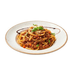 Delicious Spaghetti Bolognese Pasta Served on a White Plate Garnished with Fresh Basil and Parmesan Cheese in a Studio Setting