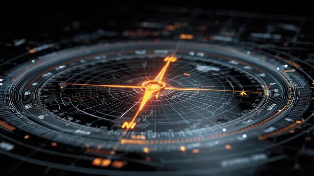 Futuristic compass graphic glows with warm orange light amidst a dark, techy background