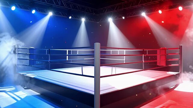 Empty boxing ring illuminated by dramatic red and blue spotlights in a smoky arena, creating a dynamic, competitive atmosphere. Perfect for sports, combat, competition, and rivalry concepts.