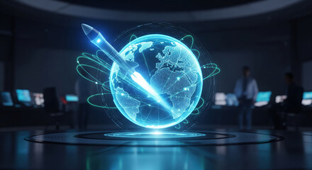 Hologram missile digital technology futuristic control room blue glowing earth security innovation defense modern science global military strategy cyber data interface virtual intelligence network