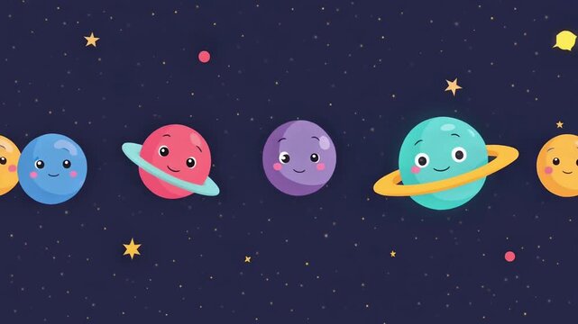 Whimsical cartoon planets with happy expressions creating a cheerful cosmic scene, perfect for engaging children with space exploration and fun educational graphics and illustrations
