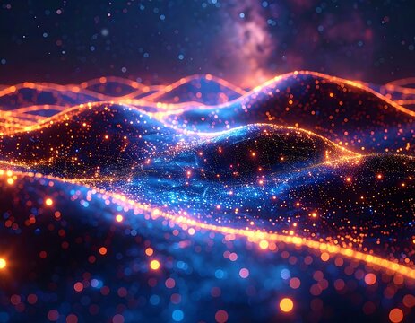 Digital waves undulating with neon lights against cosmic background