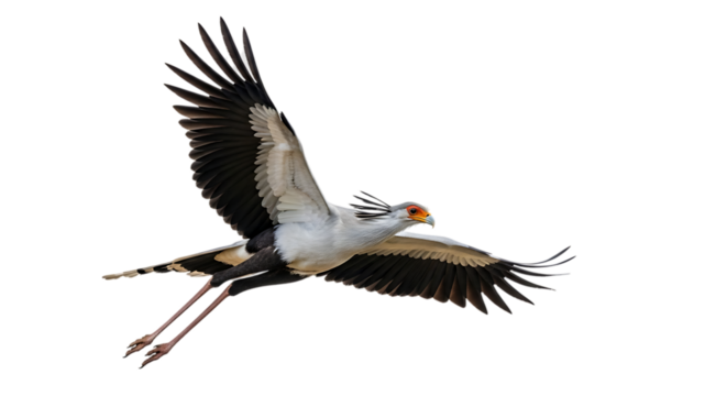 Secretary bird, in flight with wings spread wide and long legs extended, cutout, PNG isolated on white or transparent background