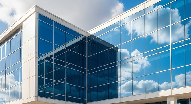 Modern office building with reflective blue glass windows mirroring the sky and clouds, symbolizing contemporary architecture and business.