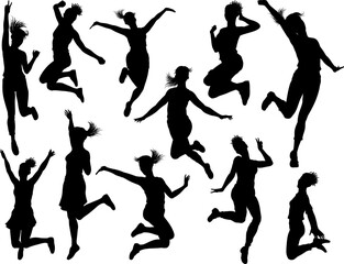 A set of happy women jumping for joy silhouette woman, people concept.