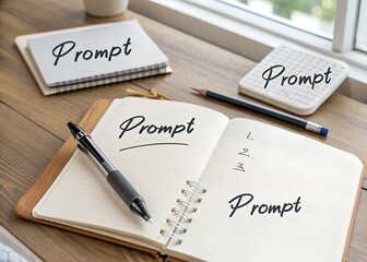 Open notebook with the word prompt written on a wooden desk near a window
