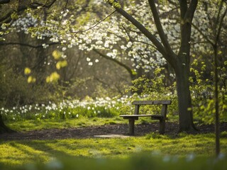 Tranquil Park Bench Under a Shaded Tree