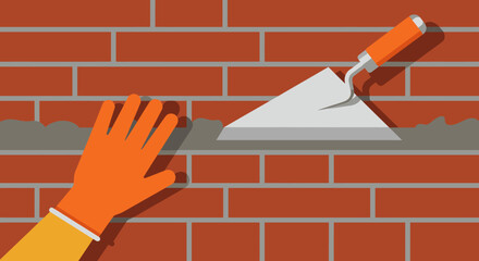 A gloved hand uses a trowel to apply fresh mortar between red bricks, illustrating the construction process of a sturdy wall.