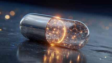 Futuristic capsule, digital medicine, glowing network