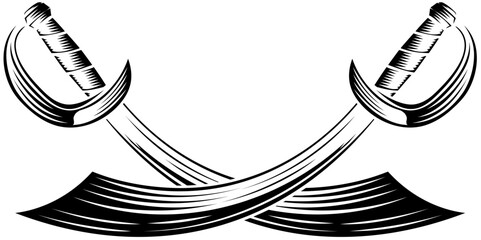 A pair of crossed pirate scimitar cutlass saber swords heraldry design element in a vintage retro woodcut style