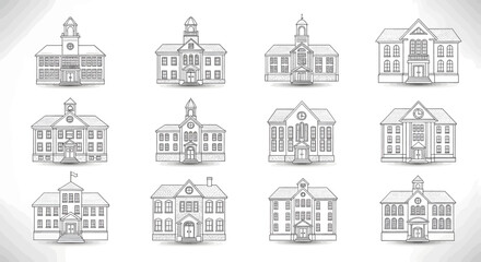 Fototapeta premium Set of twelve detailed line art illustrations depicting various vintage school and university buildings with classic architectural features.