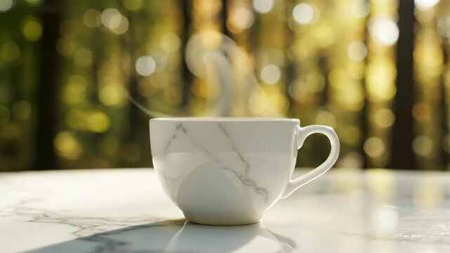 Steaming hot coffee or tea in a white marble mug on a sunny outdoor table with a beautiful blurred nature background and glowing bokeh lights for a peaceful