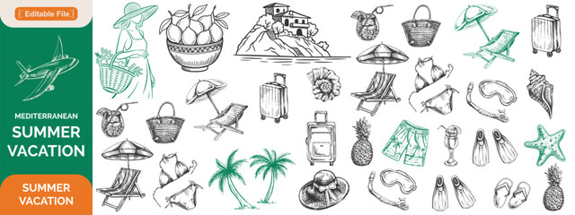 Mediterranean summer vacation illustration set in sketch style. Italian holiday elements. Hand drawn lemons, seafood, lobster, shell, cocktail. Coastal collection for card, prints, wedding invitation.