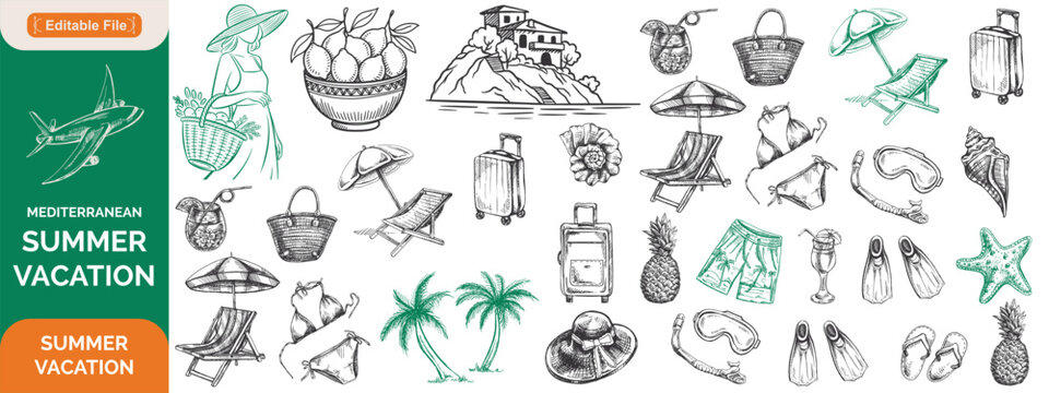 Mediterranean summer vacation illustration set in sketch style. Italian holiday elements. Hand drawn lemons, seafood, lobster, shell, cocktail. Coastal collection for card, prints, wedding invitation.