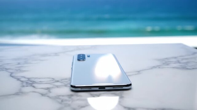 Modern smartphone on elegant white marble table with blurred blue ocean background Sleek mobile device in a minimalist setting showcasing technology and luxury 