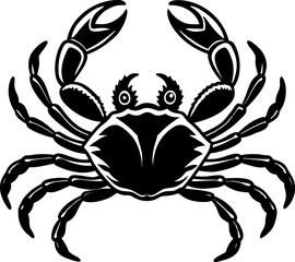 A detailed, black and white illustration of a crab centered on a white background. The crab is depicted in a top-down view, showcasing its entire body. It has a rounded carapace with detailed hatched 