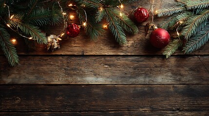 Top view flat lay of Christmas decorations on rustic wooden table. Pine branches, red baubles, and fairy lights surround empty copy space in center.