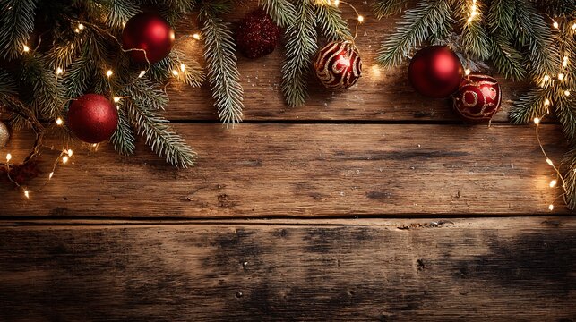 Top view flat lay of Christmas decorations on rustic wooden table. Pine branches, red baubles, and fairy lights surround empty copy space in center.