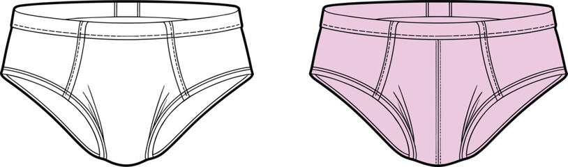 Men's briefs, underwear illustration, fashion sketch, garment design, apparel template, waistband, stitching detail, leg openings, color variation, front view