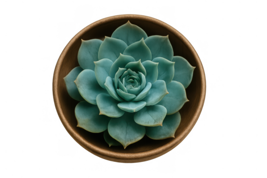 Echeveria succulent plant with a beautiful rosette pattern in a small wooden bowl, transparent background