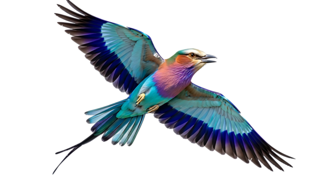Lilac Breasted Roller, in Flight with Vibrant Plumage, cutout, PNG isolated on white or transparent background