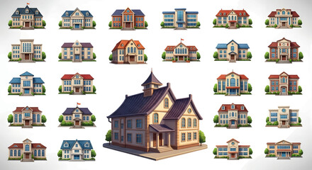Obraz premium A collection of stylized architectural illustrations of various buildings, with one large detailed house in the foreground.