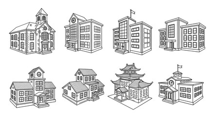 Fototapeta premium Collection of diverse architectural buildings in black and white line art style, featuring schools, churches, and residential houses.