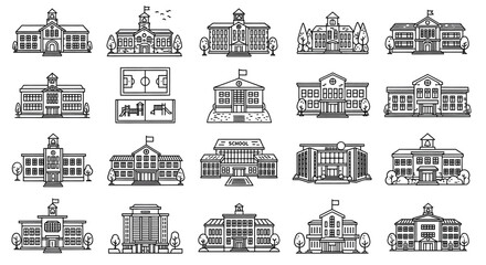 Fototapeta premium Collection of various detailed illustrations of different types of school buildings and architecture.