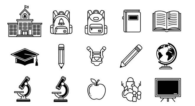 A collection of black and white line art icons representing various school and education subjects and supplies.