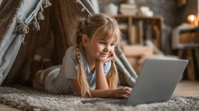 Happy young girl using a laptop while relaxing inside a cozy teepee tent at home