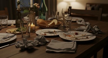 A cluttered dining table with empty plates, glasses, crumpled napkins, and a lit candle, suggesting recent use and a casual, informal meal setting in a cozy environment