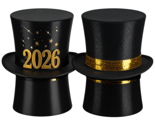 Festive 2026 Party Top Hats with Metallic Gold Numbers and Sparkle Design isolated on transparent background