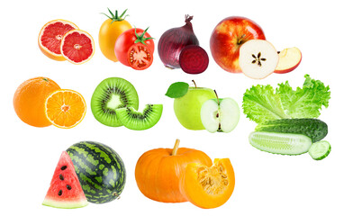diverse collection of fresh, colorful fruits and vegetables including grapefruit, orange, kiwi, apples, pumpkin, and cucumber, isolated on black.