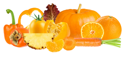 composition of assorted vivid orange and yellow fruits and vegetables like pumpkin, orange, carrot, bell pepper, and pineapple on transparent background