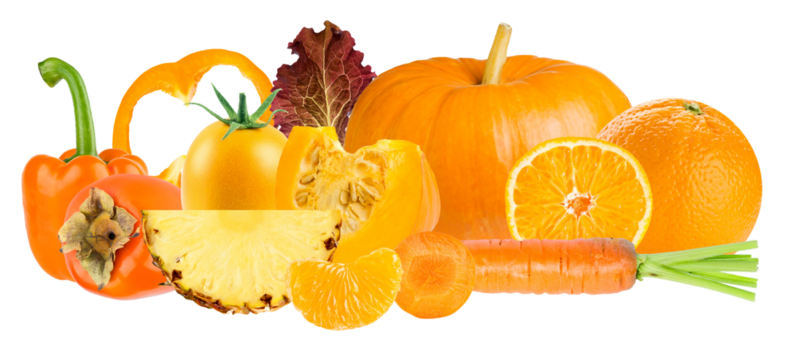 composition of assorted vivid orange and yellow fruits and vegetables like pumpkin, orange, carrot, bell pepper, and pineapple on transparent background