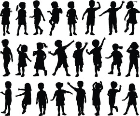 Children silhouette collection, diverse kid poses, walking, standing, gesturing, ponytail hairstyle, black shadow figures, posture study, movement analysis, design elements, white background grid