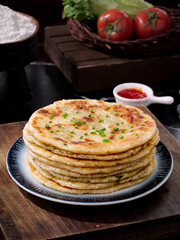 Handmade Scallion Pancakes Stack with Layers - Traditional Pan Fried Asian Food with Dipping Sauce
