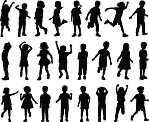 Children silhouette vector, kids playing poses, jumping, running, dancing, waving, active child shapes, black figures, motion, fun, energetic, isolated, clipart, design, icon set,