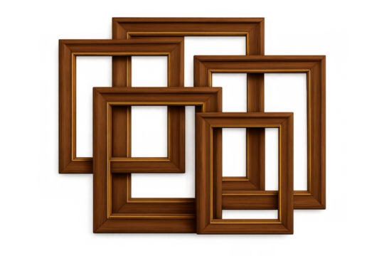 Empty antique wooden picture frames overlapping creating unique composition, elegant brown vintage borders with transparent background