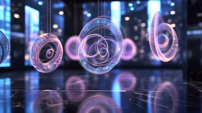 Abstract glowing neon rings and spheres suspended in a futuristic environment