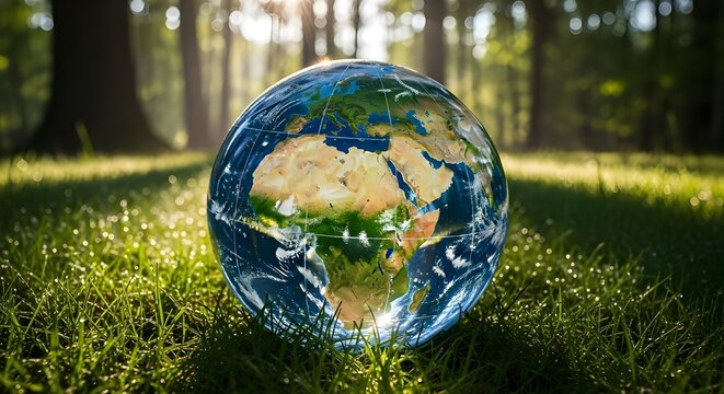 Environment nature green glass globe sphere earthball europe, asia and africa world with grass and morning sunlight in forest - sustainable environment