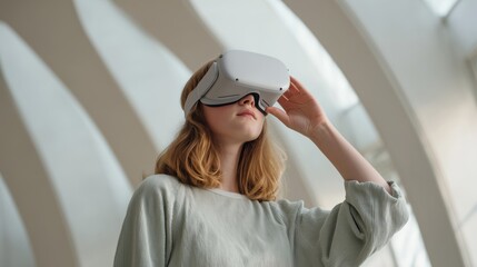 Young woman wearing a white virtual reality headset, exploring augmented reality in a modern, futuristic interior