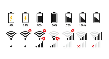 Battery and wifi status icons vector illustration low battery wifi editable