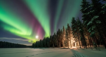 Spectacular display of the northern lights illuminating a snowy forest landscape at night with vibrant green and purple hues in the sky