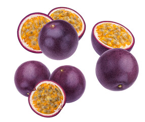 dynamic arrangement of six fresh passion fruits, featuring both whole dark purple fruits and halves revealing the vibrant yellow pulp and seeds.