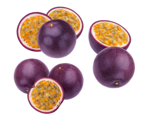 dynamic arrangement of six fresh passion fruits, featuring both whole dark purple fruits and halves revealing the vibrant yellow pulp and seeds.