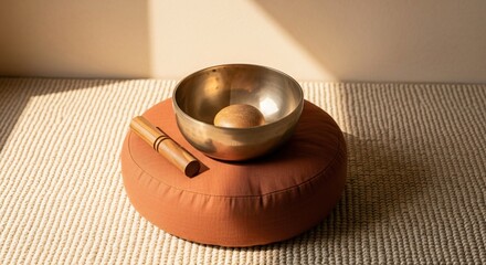 Tibetan Singing Bowl for Meditation and Sound Healing on a Cushion perfect for website banner, blog post, social media,