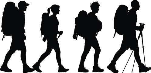 Hiking silhouettes, trekking group, outdoor adventure, backpackers walking, mountain trail, nature exploration, active lifestyle, 