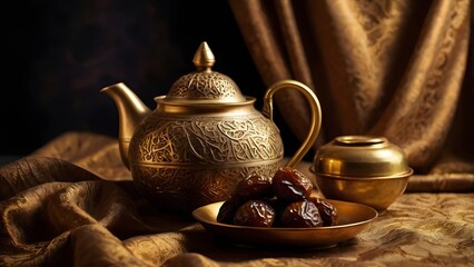 Traditional Golden Teapot and Dates for Ramadan Kareem
