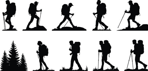 Silhouette hikers trekking, mountain adventure, forest trail, backpacking journey, outdoor exploration, nature travel, pine trees, © Mursalatun